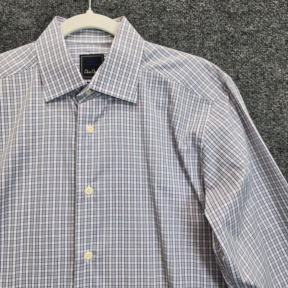 David Donahue Mens Blue Plaid Cotton Trim Fit Dress Shirt 16 34/35 Preppy Check